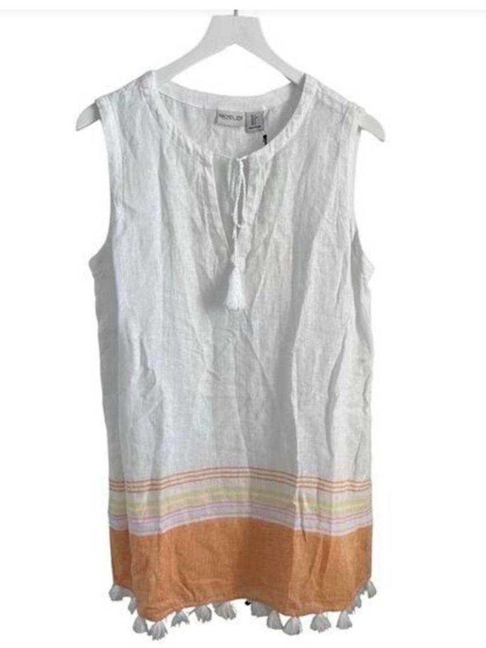 Sleeveless Tassel Tie Linen Tunic Dress - White with Orange Trim